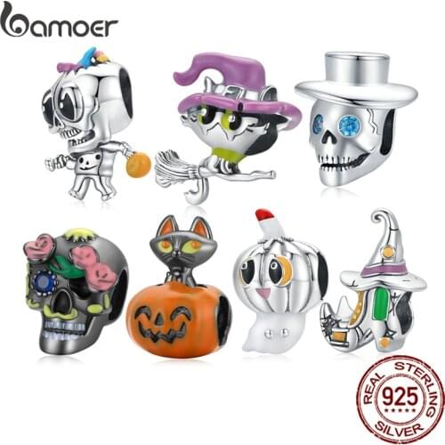 Bamoer 925 Sterling Silver Halloween Charm Pumpkin Black Cat Rose Skull Ghost Shoe Witch Cat Gentleman Skull Bead for Bracelet