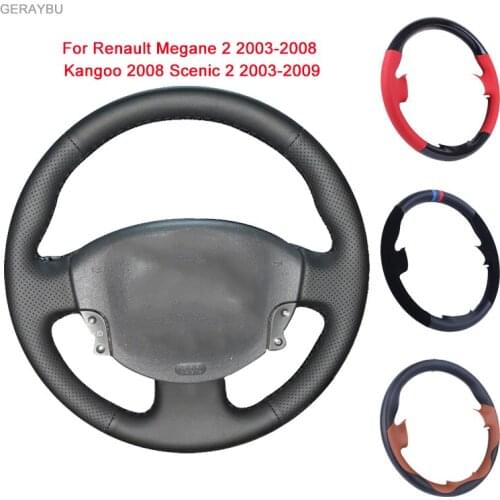GERAYBU Custom DIY Black Leather Hand-Sewn Car Steering Wheel Cover For Renault Megane Kangoo Scenic Breathable Wear-resistant