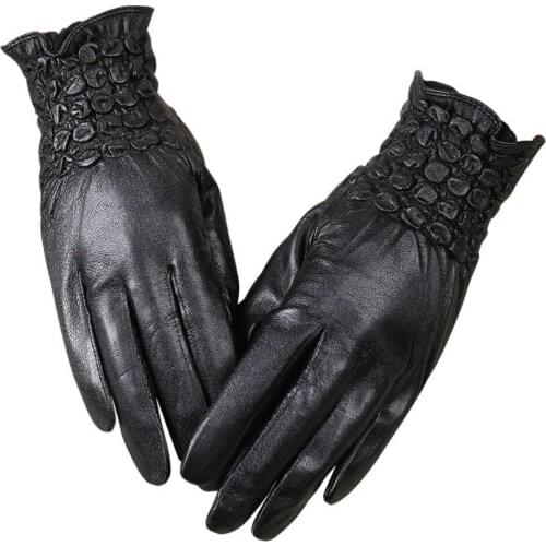 Gothic Victorian Vintage Motorcycle Warm Black Leather Gloves With Velvet Lined for Women Winter