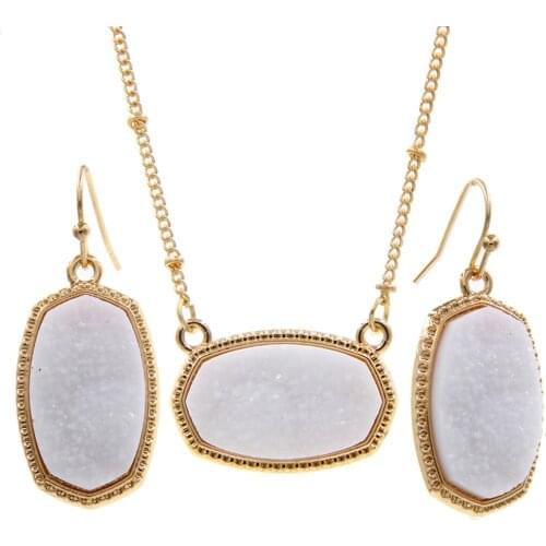 Faux Quartz Crystal Gemstone Drop Earrings With Necklace Jewelry Set Dangle Jewelry Earrings Gold Tone