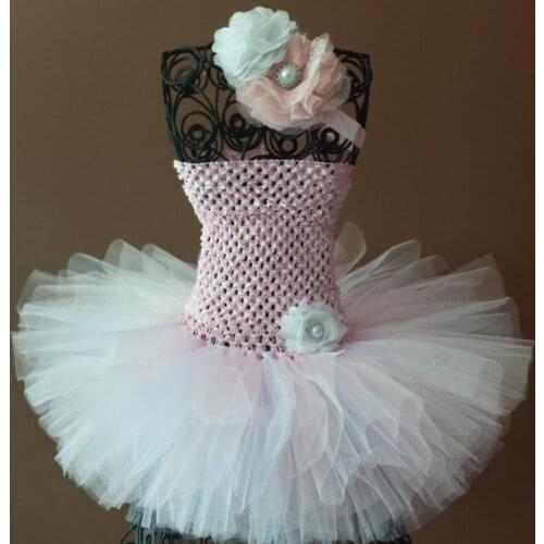 Cute Girls Pink Crochet Flower Tutu Dresses Kids Fluffy Ballet Tulle Dress with Headband Children Birthday Party Costume Dresses