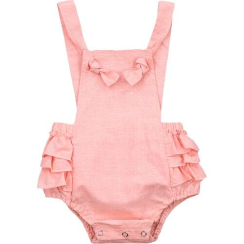 Cute Ruffle Rompers Summer Newborn Infant Solid Sleeveless Bowknot Backless Square Collar Jumpsuits Girls Clothes 0-24M