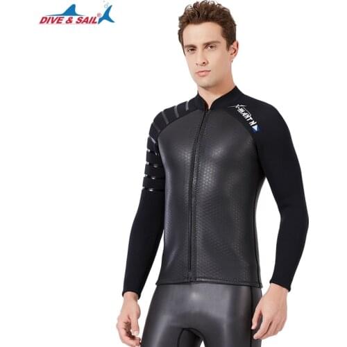 Mens 3mm Wetsuits Jacket Long Sleeve Neoprene Wetsuits Top Smooth Skin Wet Suit Shirt Front Zip Solid Black Dive Surf Suit
