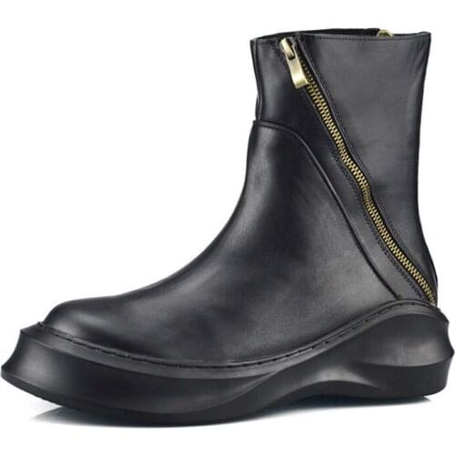 Retro European New Fashion Winter Zipper Mens Boots Round Toe Genuine Leather Mid Heel Male Shoes Footwear Thick Heel Plus Size