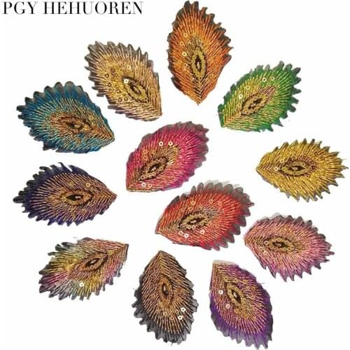 PGY 12pcs mix color MGorgeous Feather Peacock Patches Sew on Clothes Diy Fine Embroidered Patch Appliques Coat Hats Decor Badges