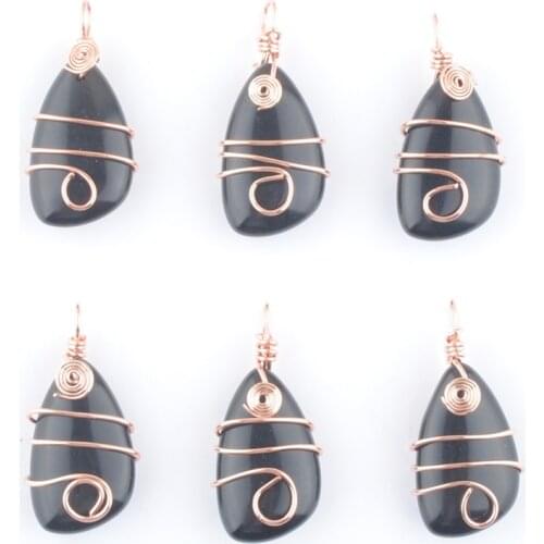 6Pcs/Lot Natural Stone Obsidian Copper Wire Wrap Pendant Irregular Geometric Bead Rose Gold Color Dangle Charms Jewelry QN4171