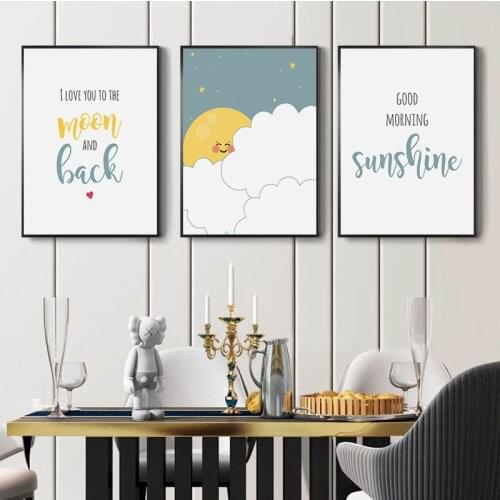 Simple Nordic cartoon stars moon sun white clouds lovely children room small fresh decorative picture printing mural canvas