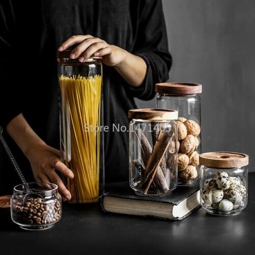 Retro Glass Coffee Tea Airtight Jar Acacia Wooden Lid Storage Storage Multigrain Pasta Storage Jar