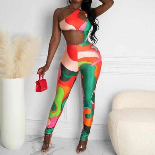 Sexy Irregular Printing Backless Patchwork One Piece Casual Jumpsuit Streetwears One Shoulder Hollow Out Bodycon Stylish Rompers