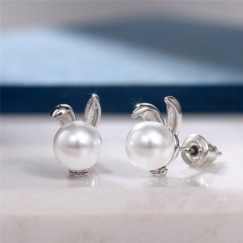 Huitan Fresh Style Silver Color Rabbit Stud Earrings for Wedding Party Cute Imitation Pearl Earrings Gift Womens Trendy Jewelry