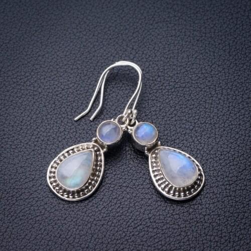 StarGems Natural Rainbow Moonstone Handmade 925 Sterling Silver Earrings 1.75" D7222