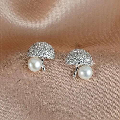 Cute Mushroom White Round Small Pearl Earrings For Women Real 925 Sterling Silver Crystal Zircon Earrings Bridal Wedding Jewelry