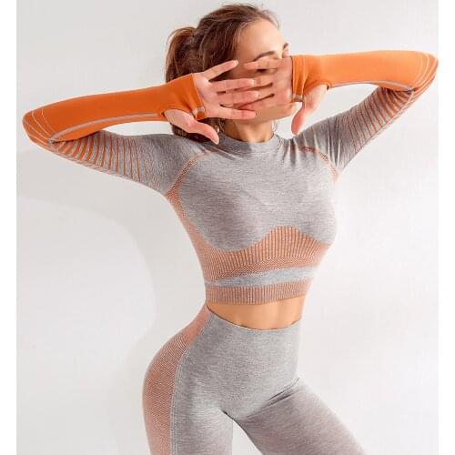 Soft Knitted Yoga Top Long Sleeve Seamless Fitness Crop Top With Thumb Holes Workout Shirts For Women Gym Sport Wear