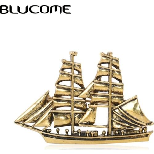 Blucome Vintage Sailboat Shape Brooches For Women Men Kids Gifts Gold color Seafarer Badge Hijab Pins Shirt Collar Brooch Joias
