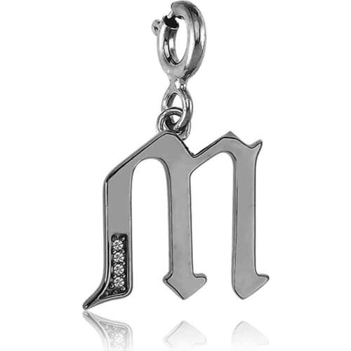 Valori Jewels Letter M, Zirconia White Gemstone, Black Rhodium Plated, Sterling Silver Charm