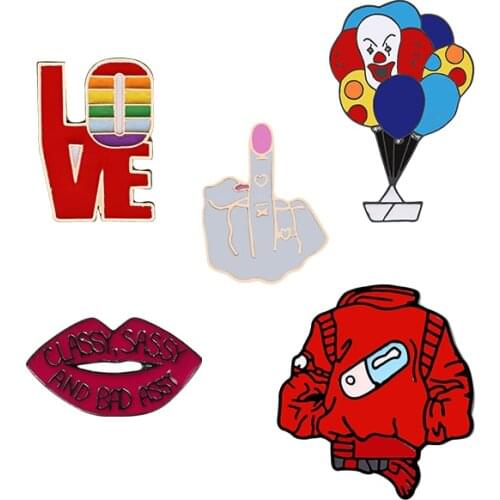 Funny Brooches Collection Joker Love Lips Enamel Lapel Pins Cartoon Pin Backpack Shirts Button Badges Gifts Jewelry Accessories