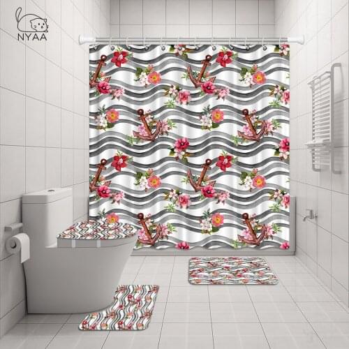 Anchor Theme Shower Curtain Sailors And Beach Waterproof Mildewproof Non-Slip Bath Mat Set Rugs Toilet Seat Cover Carpets Set