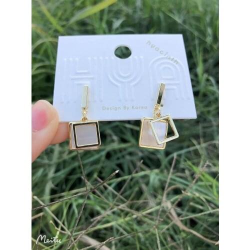 S925 Silver Ear Needle Stud Earrings Fresh Mother Pearl With Square Brass W/14k Real Gold South Korea Jewelry for Women HYACINTH