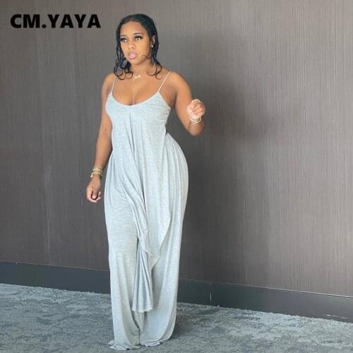 CM.YAYA Women Sets Solid Sleeveless Spaghetti Strap Back Hollow Out X-long Tops Loose Floor-length Pants 2 Piece Set Summer 2021