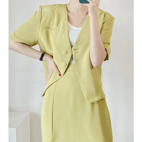 Short-sleeved Suit Ensemble Femme Summer Fashion Thin V-neck Single-breasted Short Jacket and Long Skirt 2 Piece Sets Women