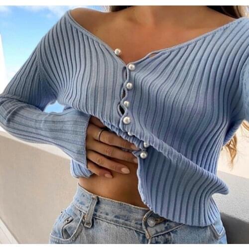 Women Knitted Crop Cardigan Solid Blue White Buttons Single Breasted V-neck cardigan sweater autumn full sleeve cropped sweater