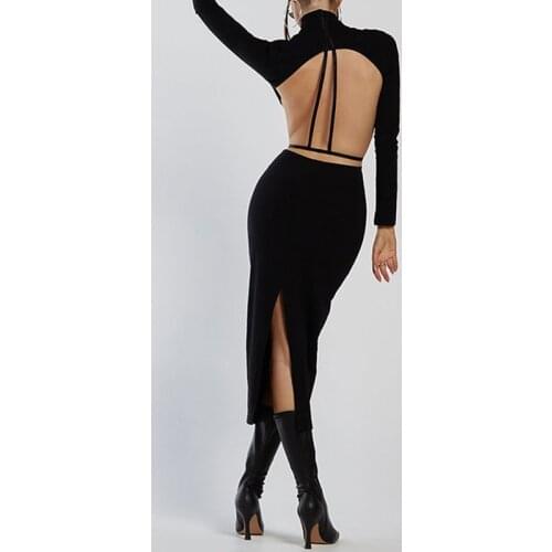 Irregular Trendy 2021 Ladies Sexy Open Back Chic Midi Dresses Black Half High Collar Hollow Out Back Hem Slit Sheath Long Dress