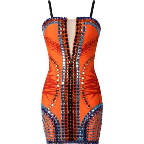 2021 New Summer Women orange straps diamonds print Bandage Dresses Bodycon Sexy Evening Dress Vestidos wholesale dropship