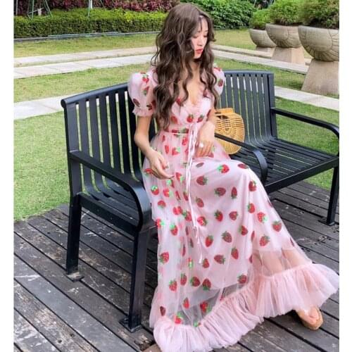 2021 New Strawberry Dress Sequins Women Long Dresses V-Neck Puff Sleeve Mesh Sexy Beach Party Dresses Vintage Floral Women Robe