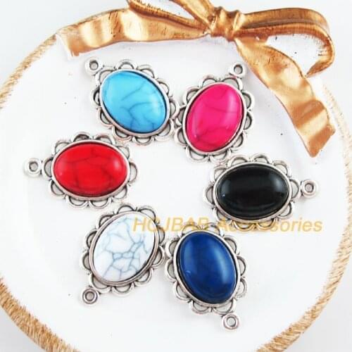 New 12Pcs Tibetan Silver Tone Retro Flower Charms Oval Mixed Acrylic Pendants 19.5x29mm