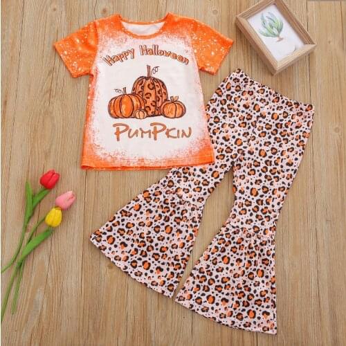 2021 Kids Girl’s Holloween Clothes Suit Fashion Pumpkin Short Sleeve T-shirt Leopard Trumpet Long Pants Childrens Sets