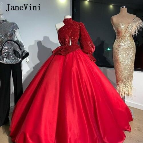 JaneVini Sparkle Red Sequins Ball Gown Quinceanera Dresses One Shoulder Puffy Long Sleeve Satin Floor Length Sweet 16 Prom Dress