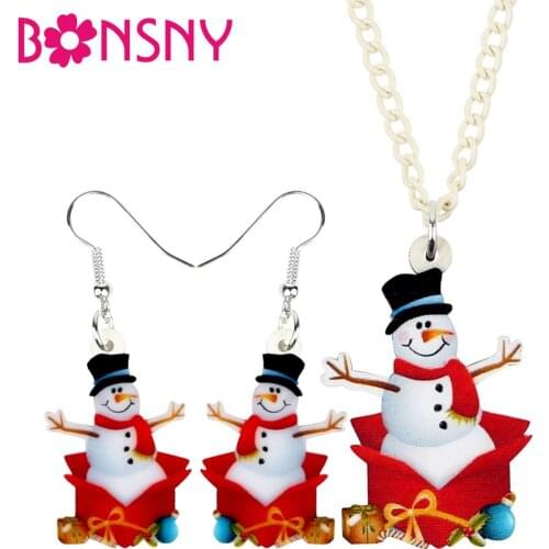 Bonsny Acrylic Christmas Happy Gift Box Snowman Jewelry Set Necklace Earrings Festival Jewelry Women Girls Charm Gift 2019 Bulk