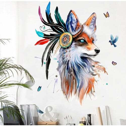European Style Hand Painted Wolf Head Wall Stickers Colorful Feather Butterfly Birds Wall Mural Poster Home Decor Wall Graphic