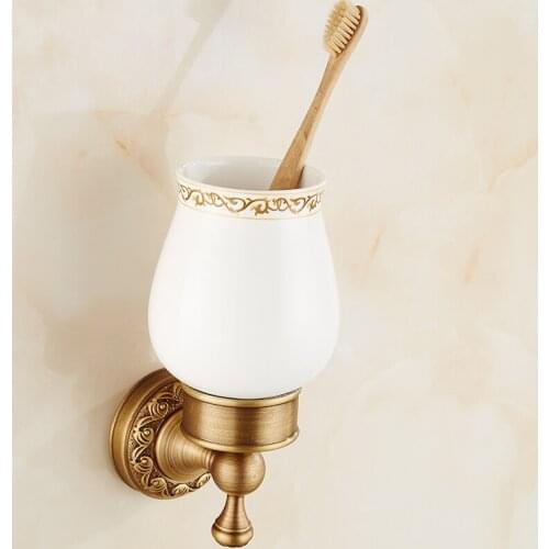 Cup & Tumbler Holders Wall Mounted Ceramic Cup Bathroom Accessories Antique Brass Single Tumbler Holders Toothbrush Cup Holder