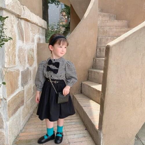 Children clothing 2021 autumn girl children skirt suit bow tie lon sleeve blouses tops plaid with skirts children two-piece suit