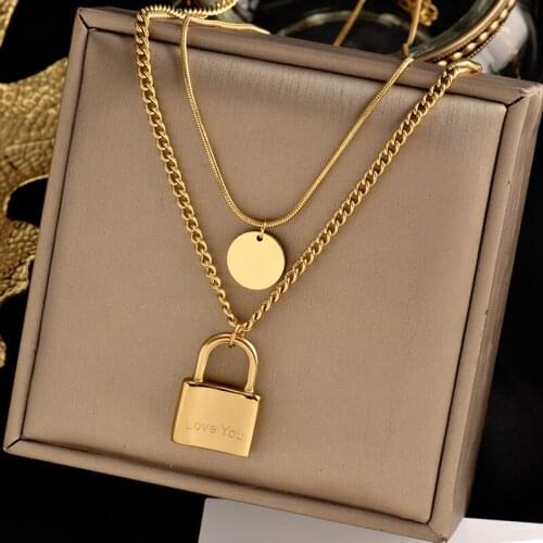 Inserts No fading Stainless steel double Necklace fashion Titanium simple Lock charm pendant hip hop for gift women jewelry