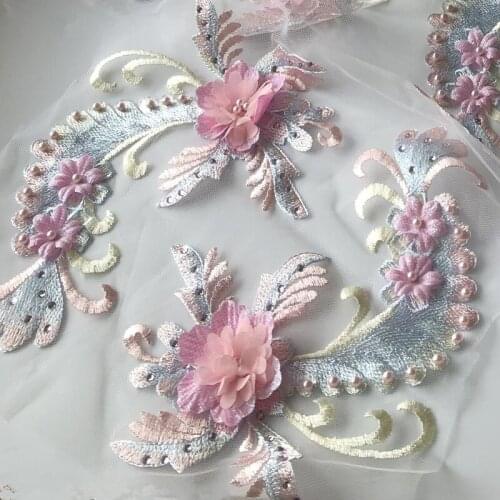 Fashion mesh flower 3D beads embroidery lace fabric applique ribbon trim collar sewing DIY wedding dress cloth craft Accessory