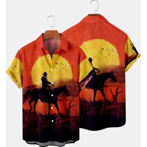 2021 New Male Cowboy Oil Painting Printed Shirt Men Short Sleeve Top Summer Hawaiian Shirts Turn-down Collar Shirt