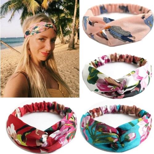 Spring Summer Women Girls Retro Boho Beach Cross Elastic Headband Hairband Hair Accessories Bohemian Flower Printted Headwear