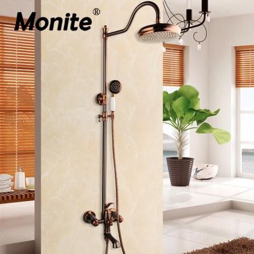 Monite Rose Golden Shower Faucet Set Solid Brass Mixer Handle Bathroom Bathtub Mixer Rainfall Hand Shower & Spray Shower Facuet
