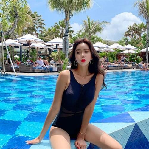Sexy Mesh Patchwork One Piece Swimsuit Women Solid Swimwear Open Back Monokini Black Swim Suits Korea Bathing Suit Push Up Pads