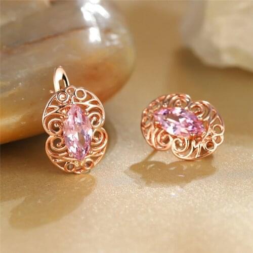 Luxury Female Oval Zircon Stone Earrings Charm Flower Crystal Stud Earrings For Women Vintage Rose Gold Color Wedding Earrings
