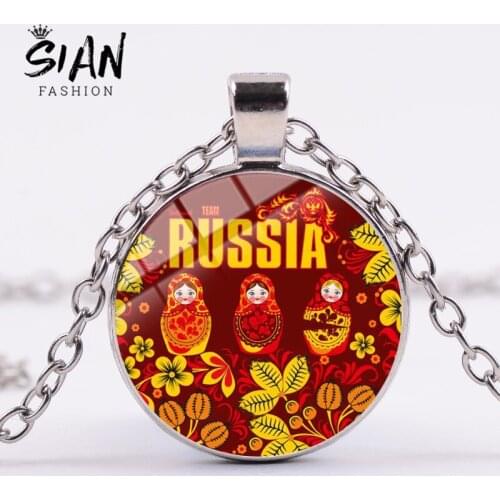 SIAN Khokhloma Russian Folk Art Patterns Necklace Women Trendy Red Russia Doll Flower Bird Printed Pendant Boho Wedding Jewelry