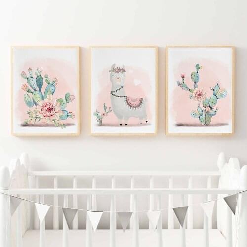 Nordic Cartoon Llama With Cactus Wall Art Posters Canvas Painting Nursery Cute Animal Prints Picture Modern For Baby Room Decor