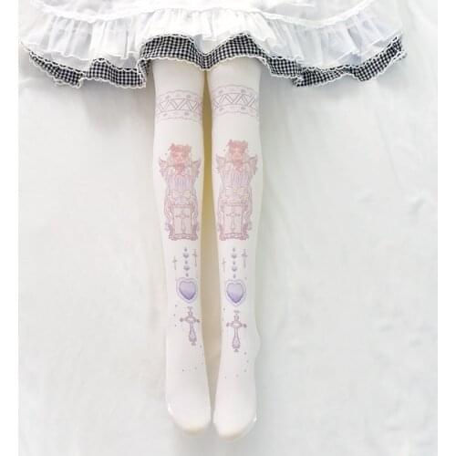 Japanese Sweet Lolita Cute Angel Print Pantyhose Socks Young Girl Student Small Fresh Vintag Harajuku Kawaii Stockings Cosplay