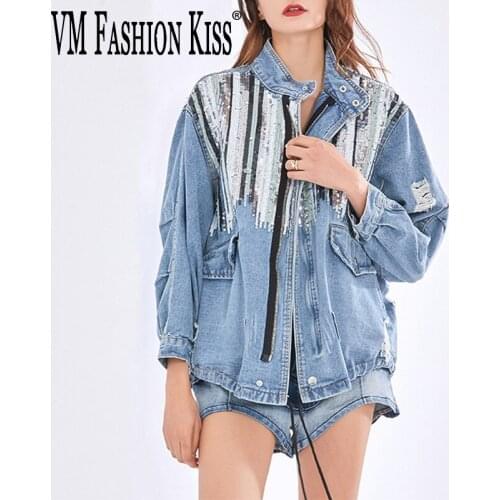 Women Street Style Cool Denim Jacket Womens Jackets And Coats Vintage Hole Denim Coats Sherpa Sequin Jacket Outerwear Mujer