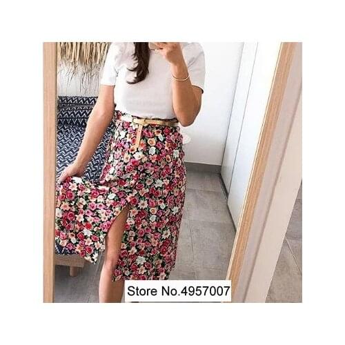 Ladies High Waist Buttoned Floral Printing Midi Skirt With Lining
