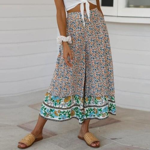 WomWomens Palazzo Floral Print Wide Leg Pants Elastic High Waist Loose Trousers Summer Casual Holiday Beach Boho Pants Culottes