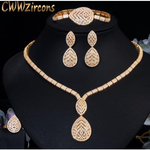 CWWZircons Luxury Big Water Drop Women Party Earring Bracelet Ring Necklace 4pcs Sets African Gold Wedding Costume Jewelry T424