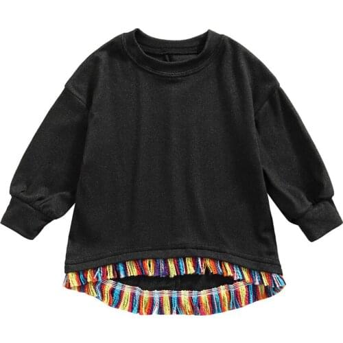 2021 2-7Y Toddler Girls Black Sweatshirt Colorful Tassels Bottom Round Long Sleeve Top Spring Fall Chidren Fashion Pullovers